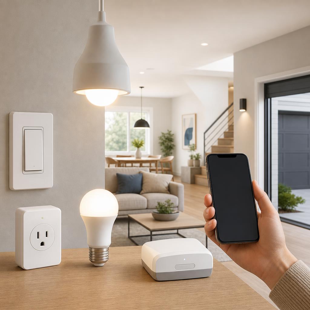 Original smart home editorial with connected plug, bulb, switch and controller in a bright interior
