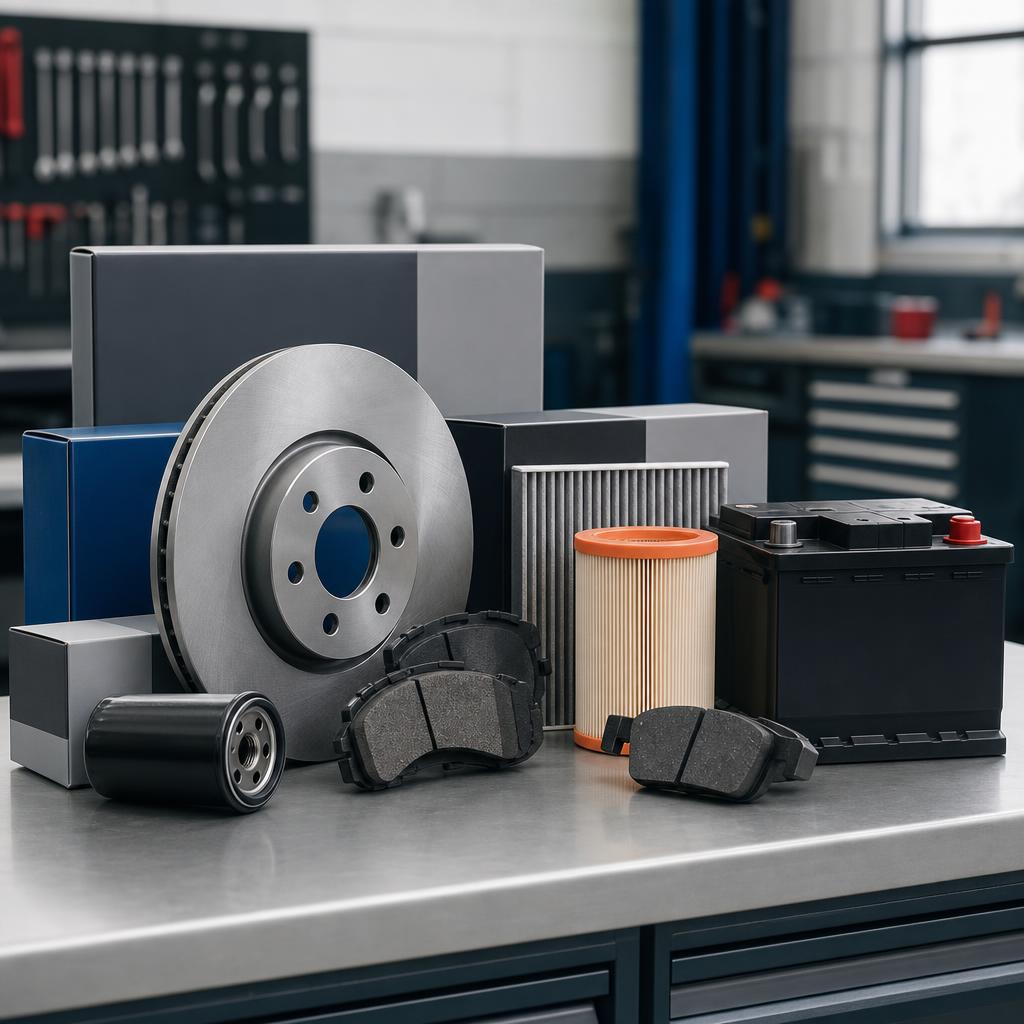 Original automotive service parts editorial with brake components, filters and battery