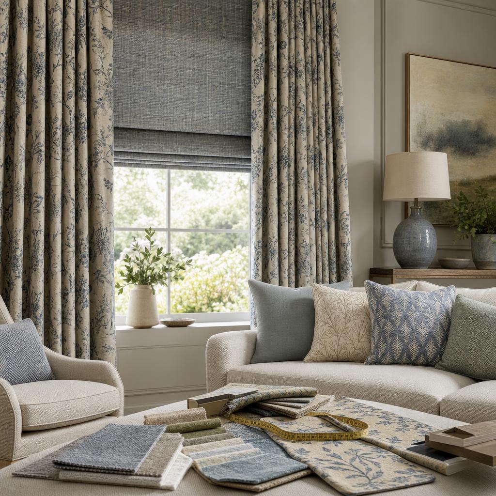 Original home textiles editorial with curtains, blind, fabric swatches and measuring tape