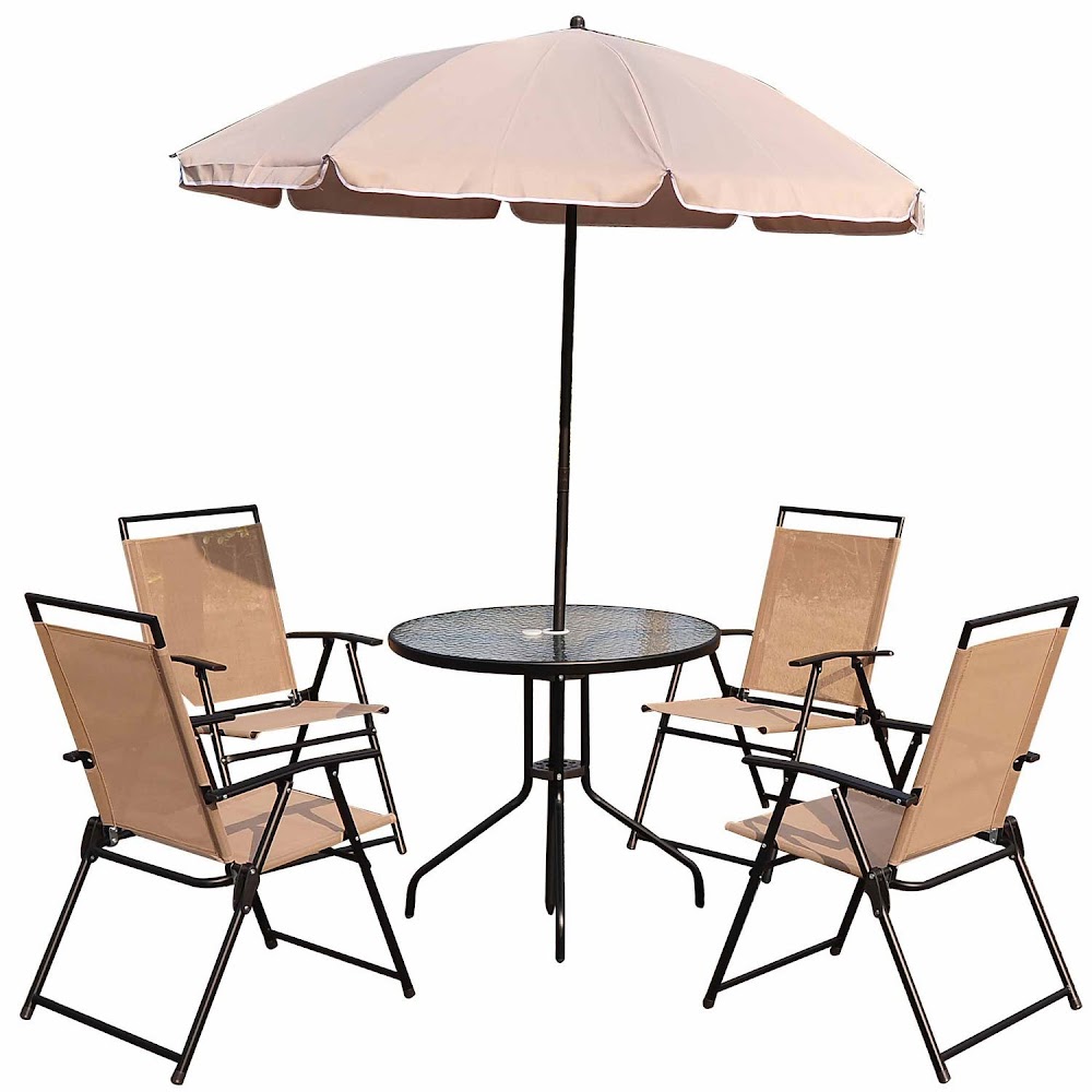 Patio dining set with a table, chairs and umbrella.