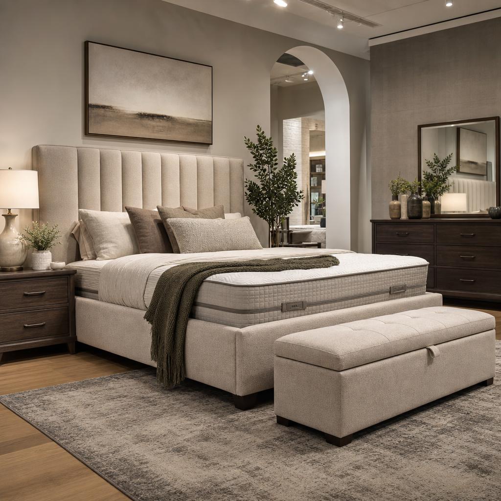 Original bedroom-furniture editorial with upholstered bed, mattress, headboard and storage bench