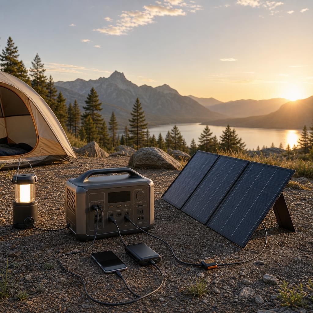 Original portable-energy editorial with power station, folded solar panels and cables at a campsite