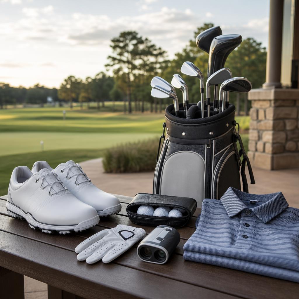 Original golf-equipment editorial with clubs, bag, shoes, glove, balls and rangefinder