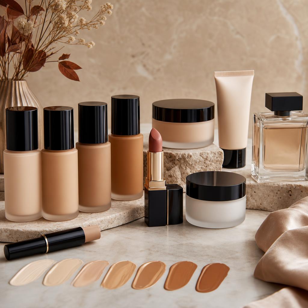 Original German-market prestige beauty editorial with makeup, skincare, fragrance and shade swatches