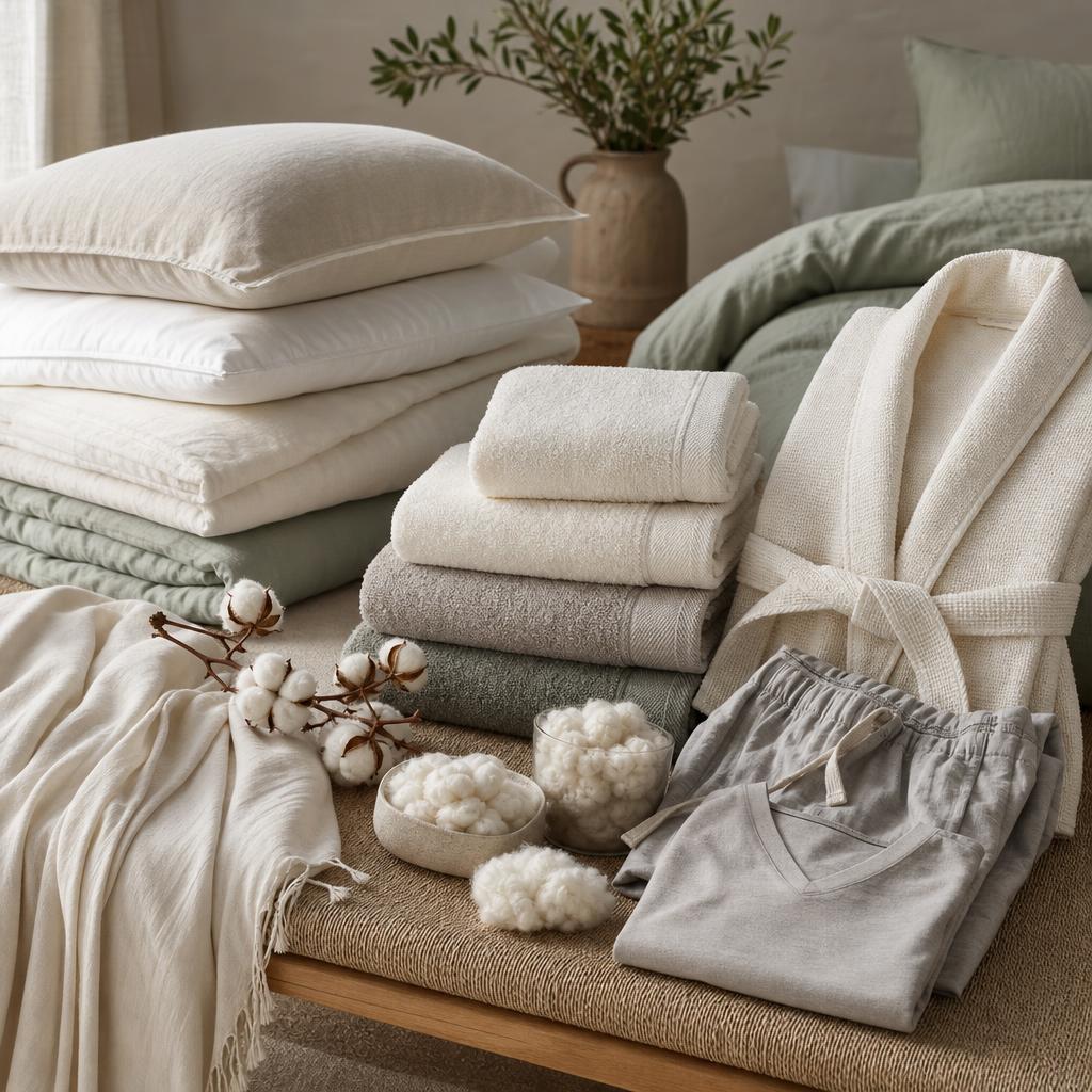 Original cotton-textile editorial with bedding, towels, robe, loungewear and fibre samples