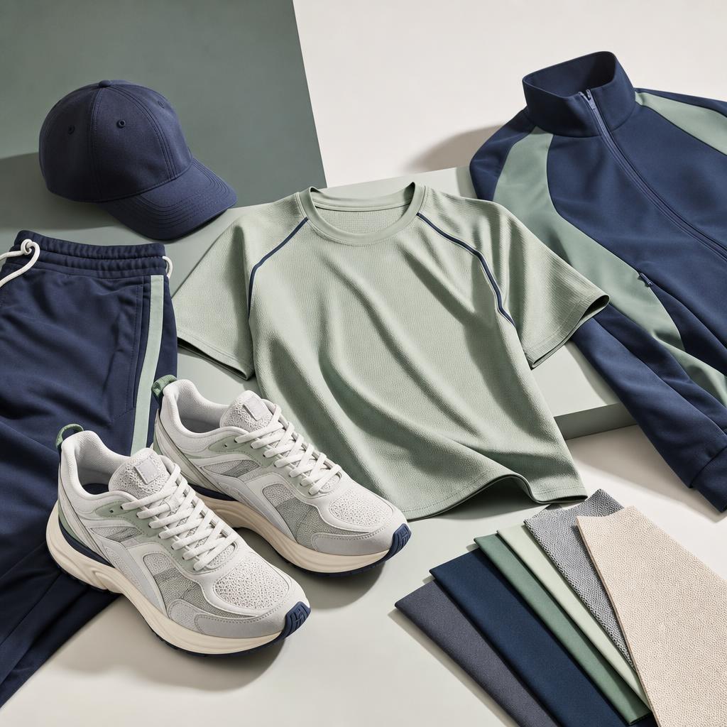 Original sportswear editorial with trainers, tracksuit, tennis shirt, cap and fabric swatches