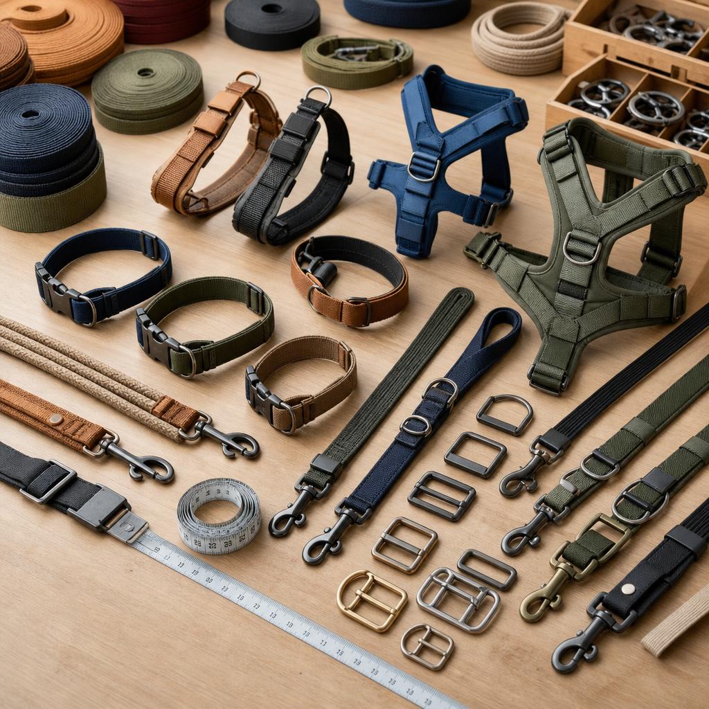 Original dog-accessories editorial with collars, leads, harnesses, hardware and tape measure