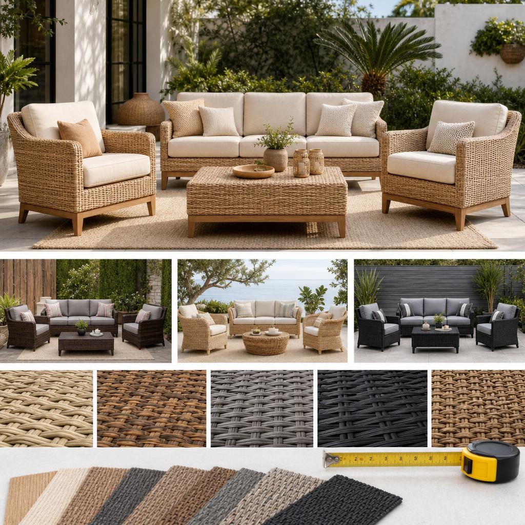 Original rattan-furniture editorial with sofa, chairs, table, cushions, weave samples and tape measure