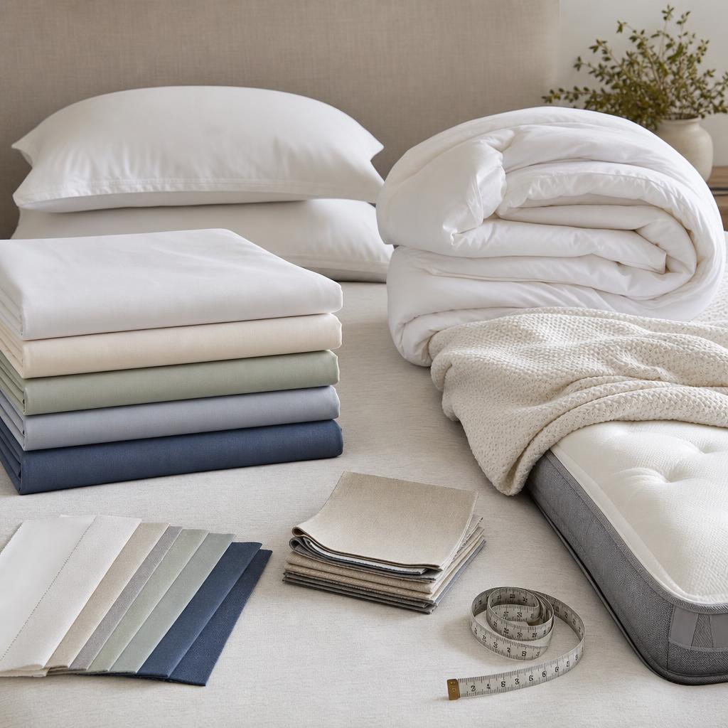 Original bedding editorial with pillows, sheets, duvet, mattress corner, swatches and measurement tools