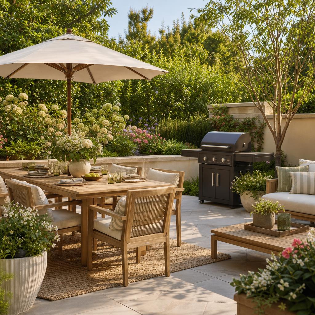 Original garden-living editorial with outdoor dining set, closed barbecue, parasol and planters