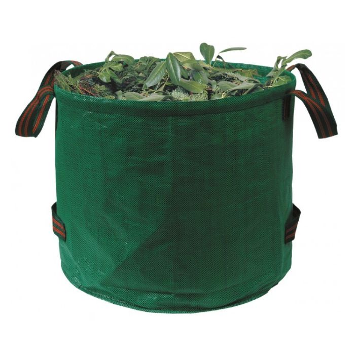 Green reusable garden waste bag filled with freshly cut leaves