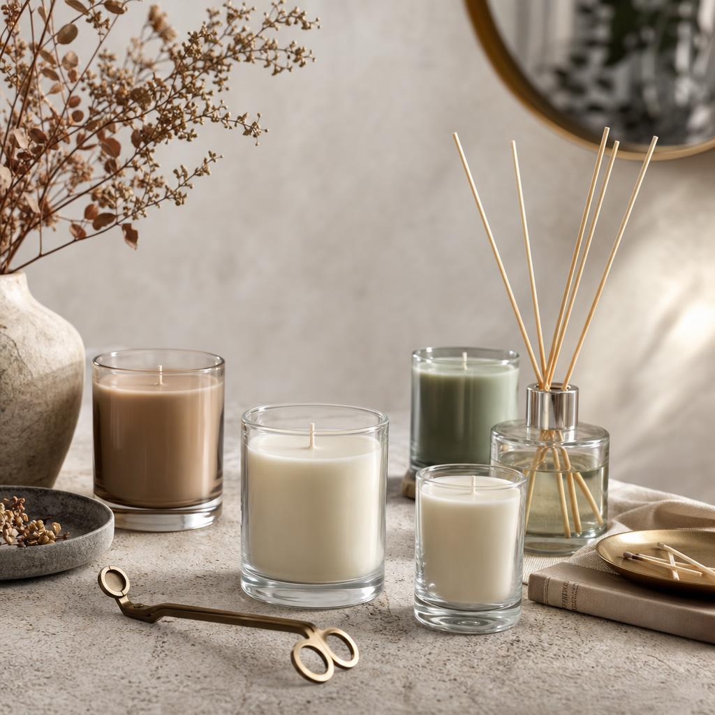 Original home fragrance editorial with unlit jar candles, reed diffuser and wick trimmer