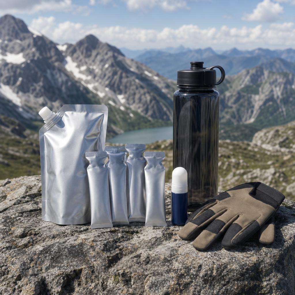 Original conservative mountain-product editorial with sealed gels, hydration pouch, topical roll-on and water bottle