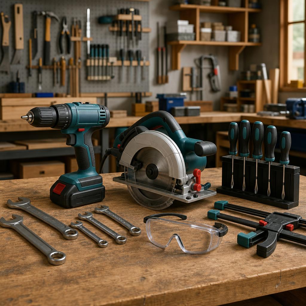 Original lawful-tools editorial with drill, guarded saw, hand tools, clamps and goggles