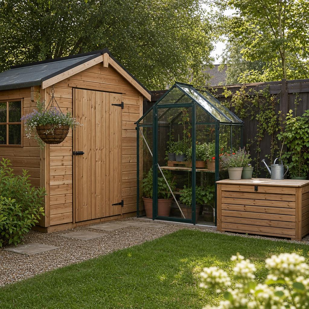 Original editorial image of timber garden buildings and outdoor storage in a tidy garden