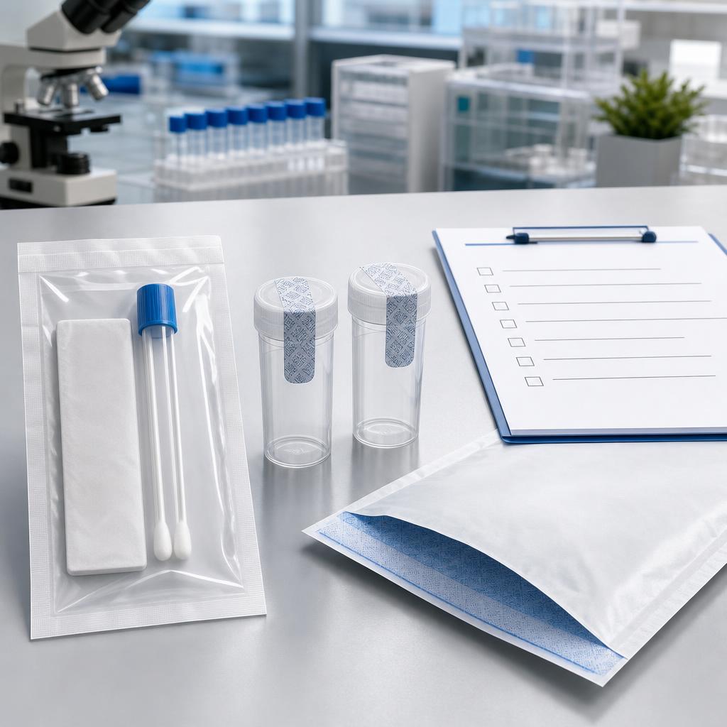 Original laboratory-testing editorial with sealed swab kit, specimen containers, consent checklist and secure envelope