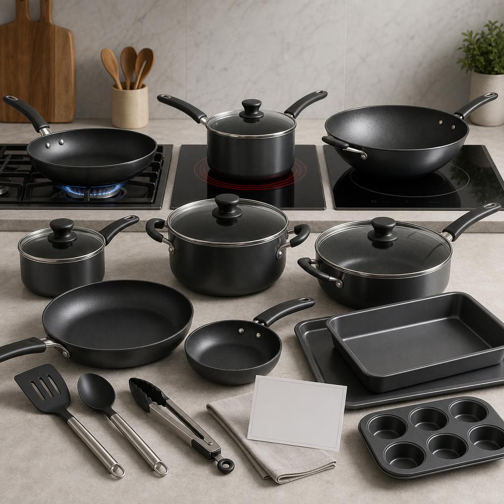 Original cookware editorial with frying pans, saucepans, wok, bakeware, hob surfaces and blank care card