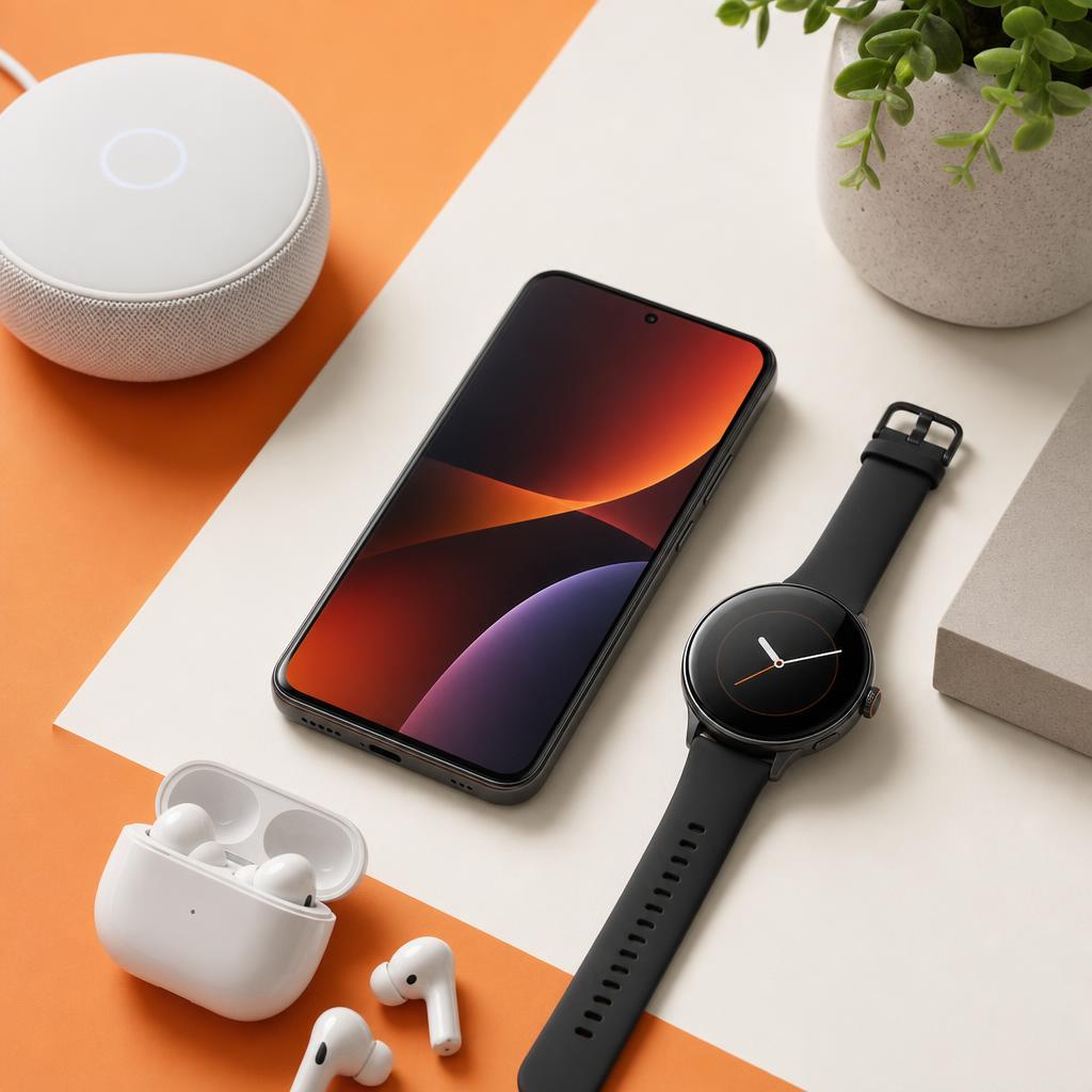 Original consumer electronics flat lay with smartphone, smartwatch, earbuds and smart home device