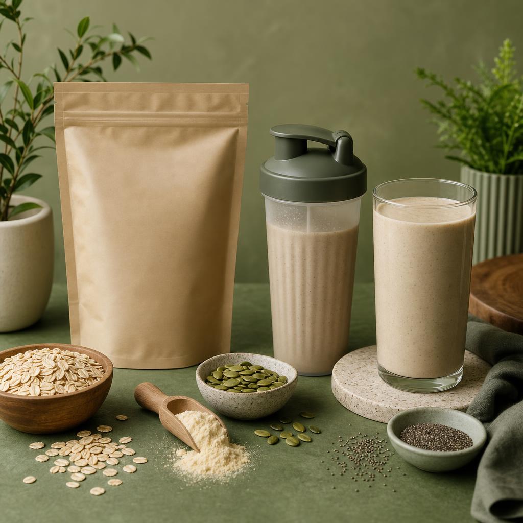 Original conservative plant-based shake editorial with sealed pouch, shaker, smoothie, oats and seeds