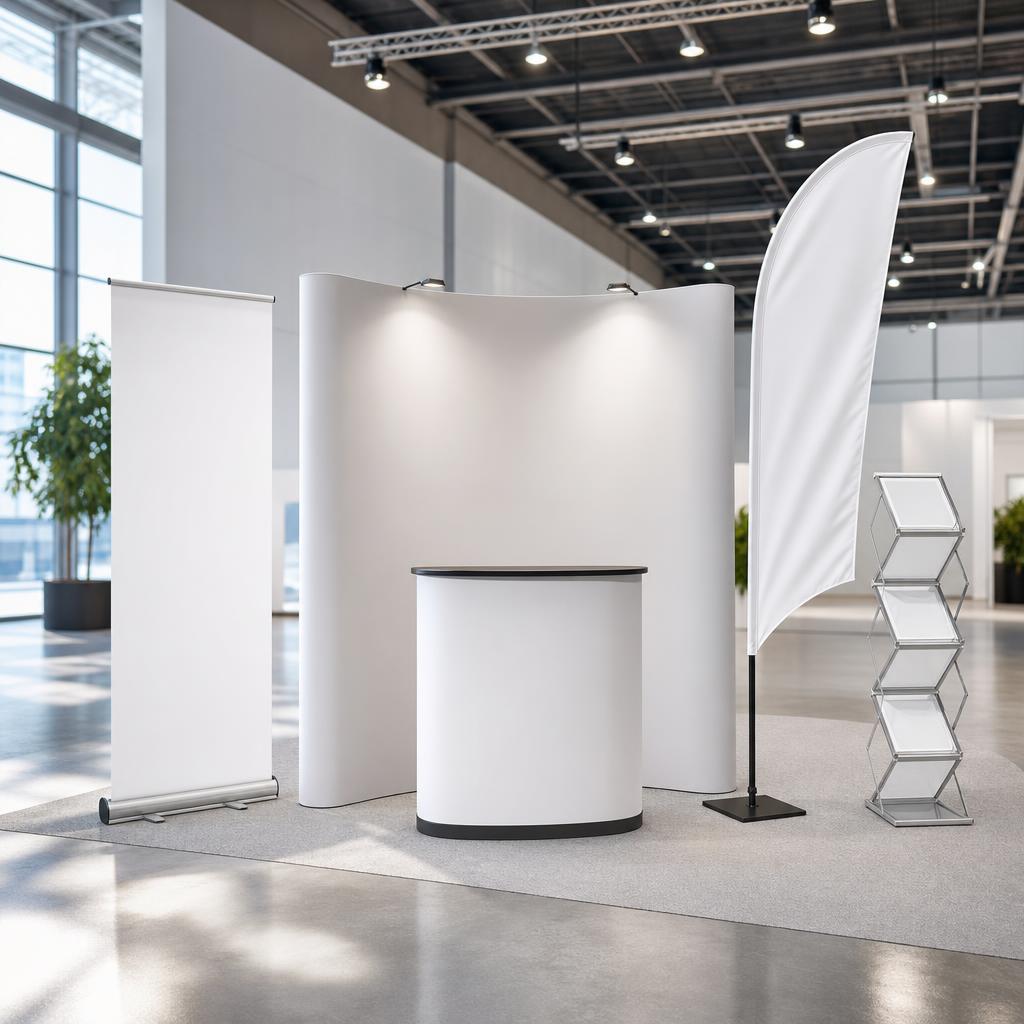 Original exhibition display editorial with blank banner, pop-up stand, flag and brochure holder