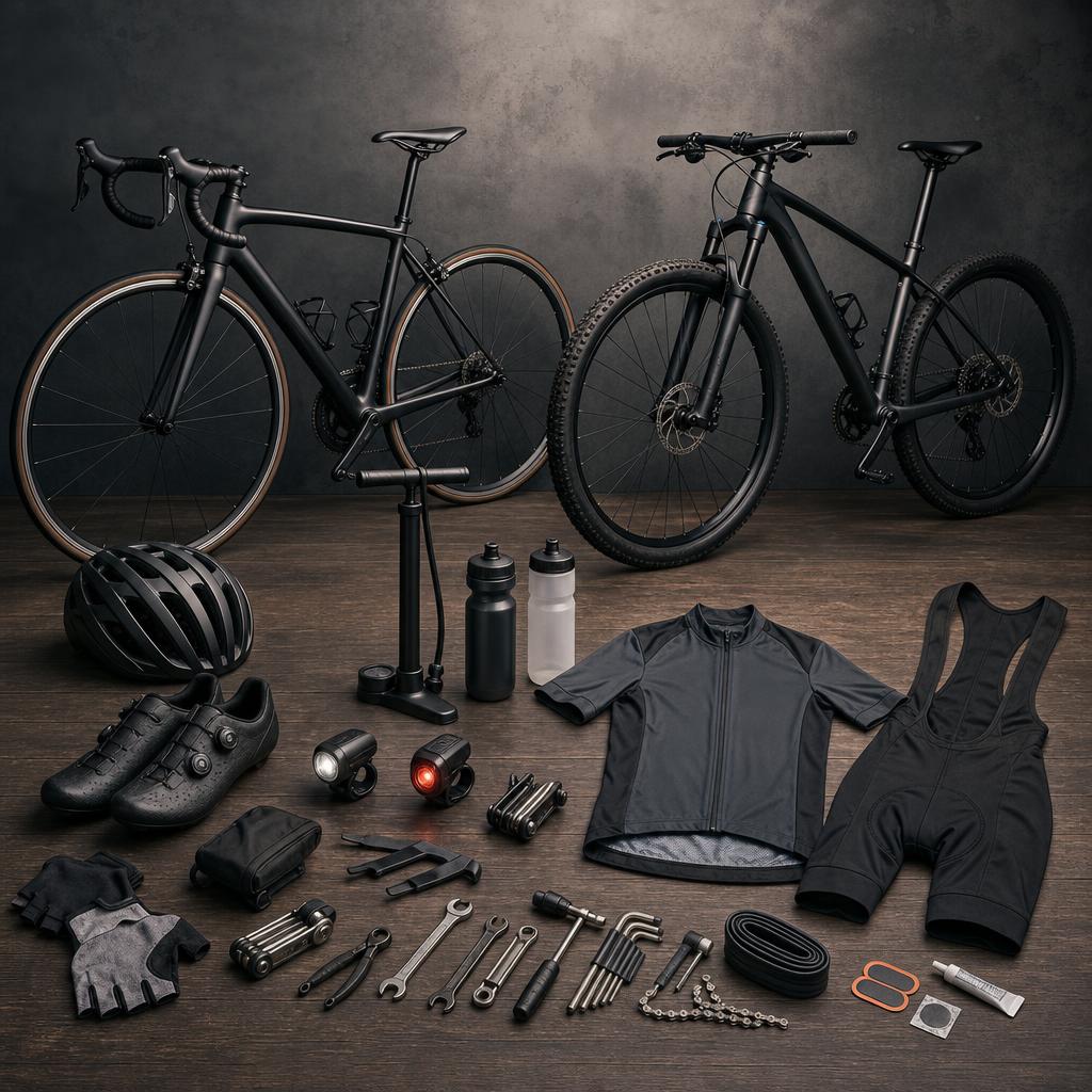 Original cycling editorial with road and mountain bikes, helmet, pump, lights, clothing and tools