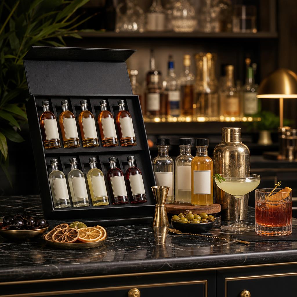 Original adult cocktail-kit editorial with sealed miniature bottles, mixers, jigger, shaker and glasses