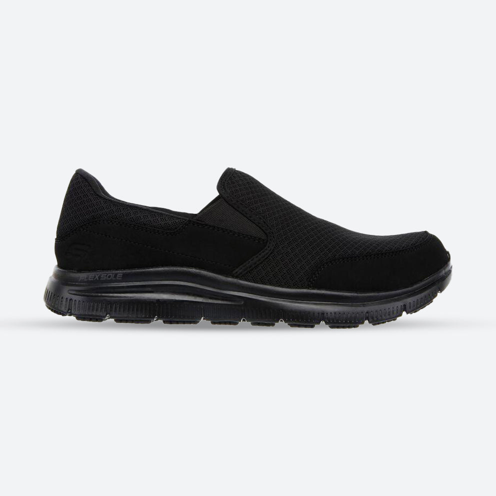 Black wide-fit Skechers slip-on walking shoe viewed from the side