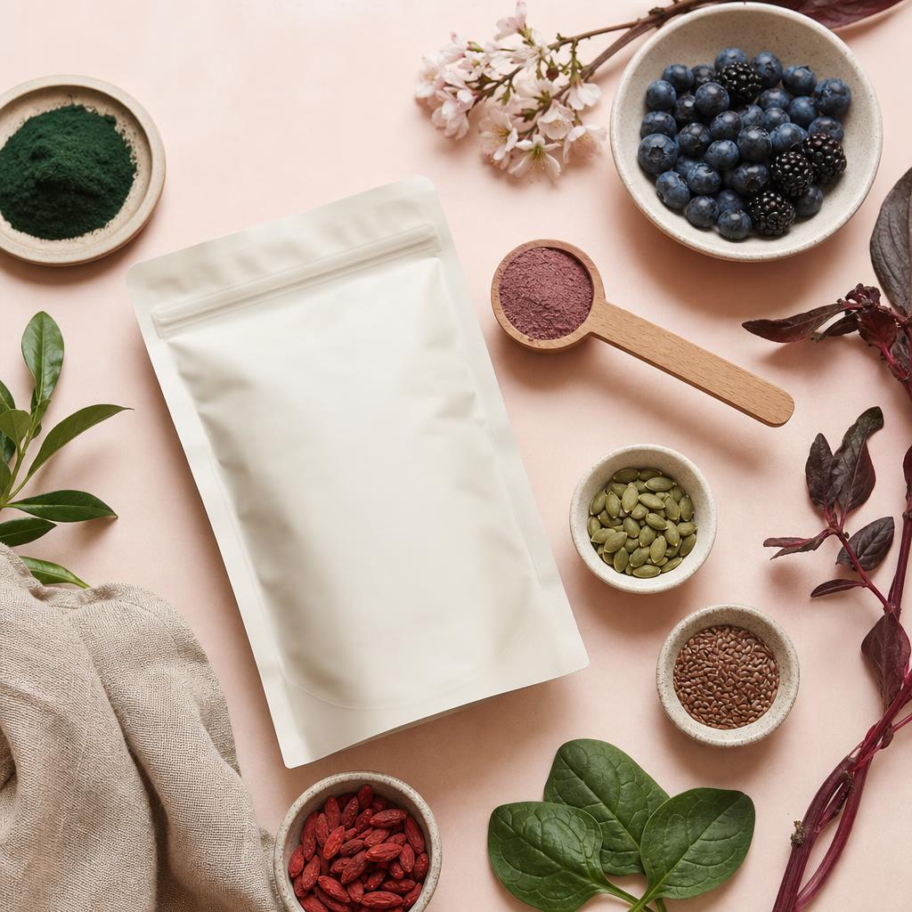 Original wellness editorial flat lay of a supplement pouch, scoop, berries and plant ingredients