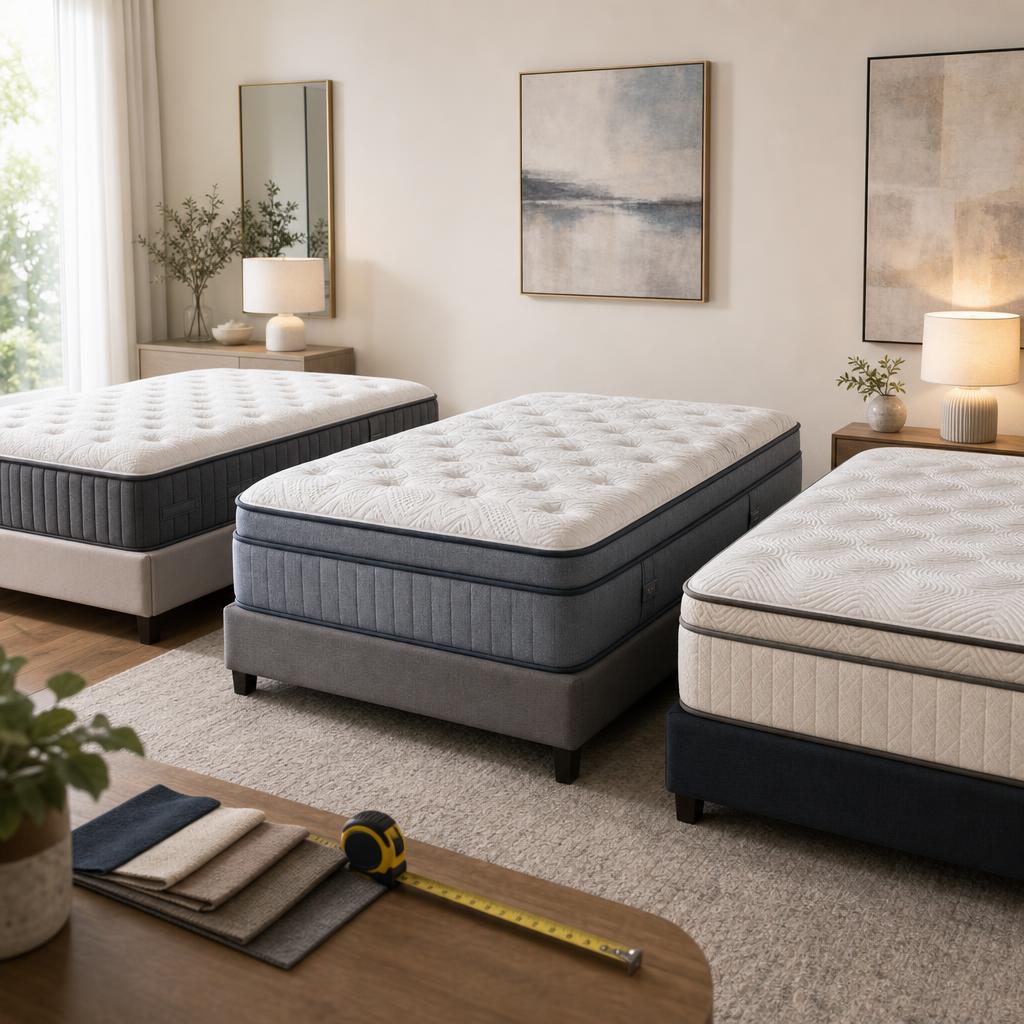 Original mattress-showroom editorial with varied quilted mattresses and tape measure