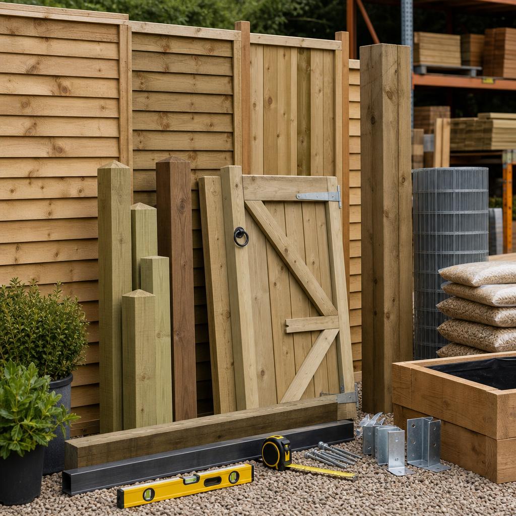Original fencing-supplies editorial with panels, posts, gate, hardware and measuring tools