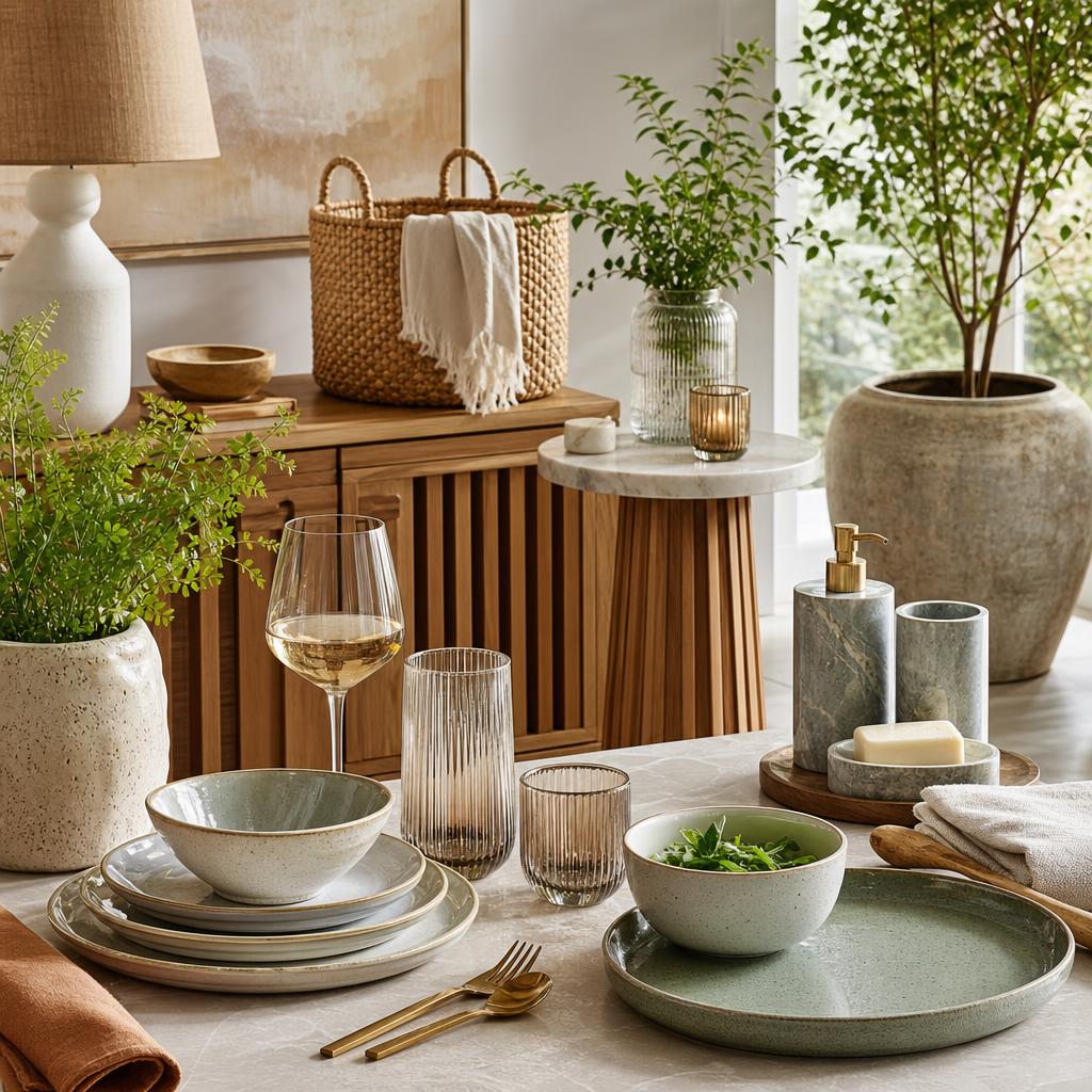 Original homeware editorial with dinnerware, glassware, storage, furniture, bathroom and garden pieces