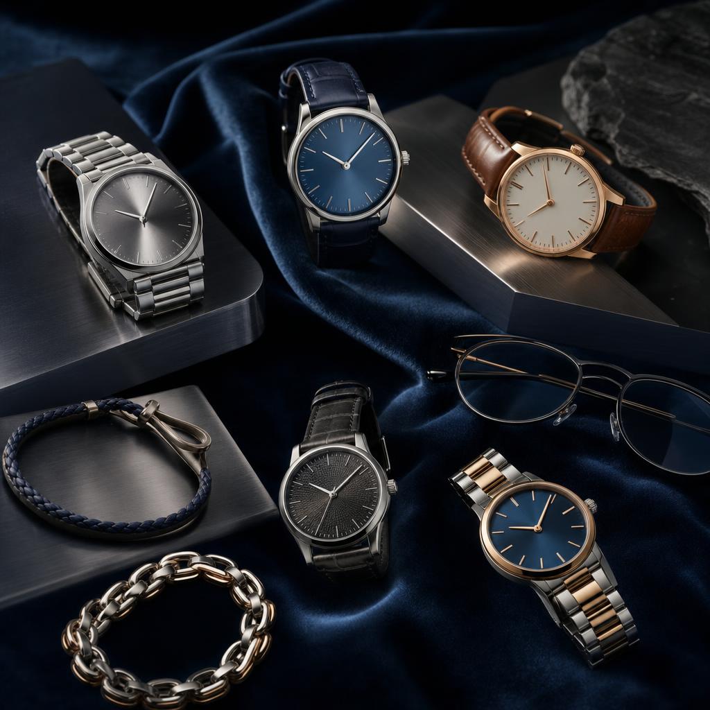 Original jewellery editorial of elegant wristwatches, bracelet and optical frames on blue velvet