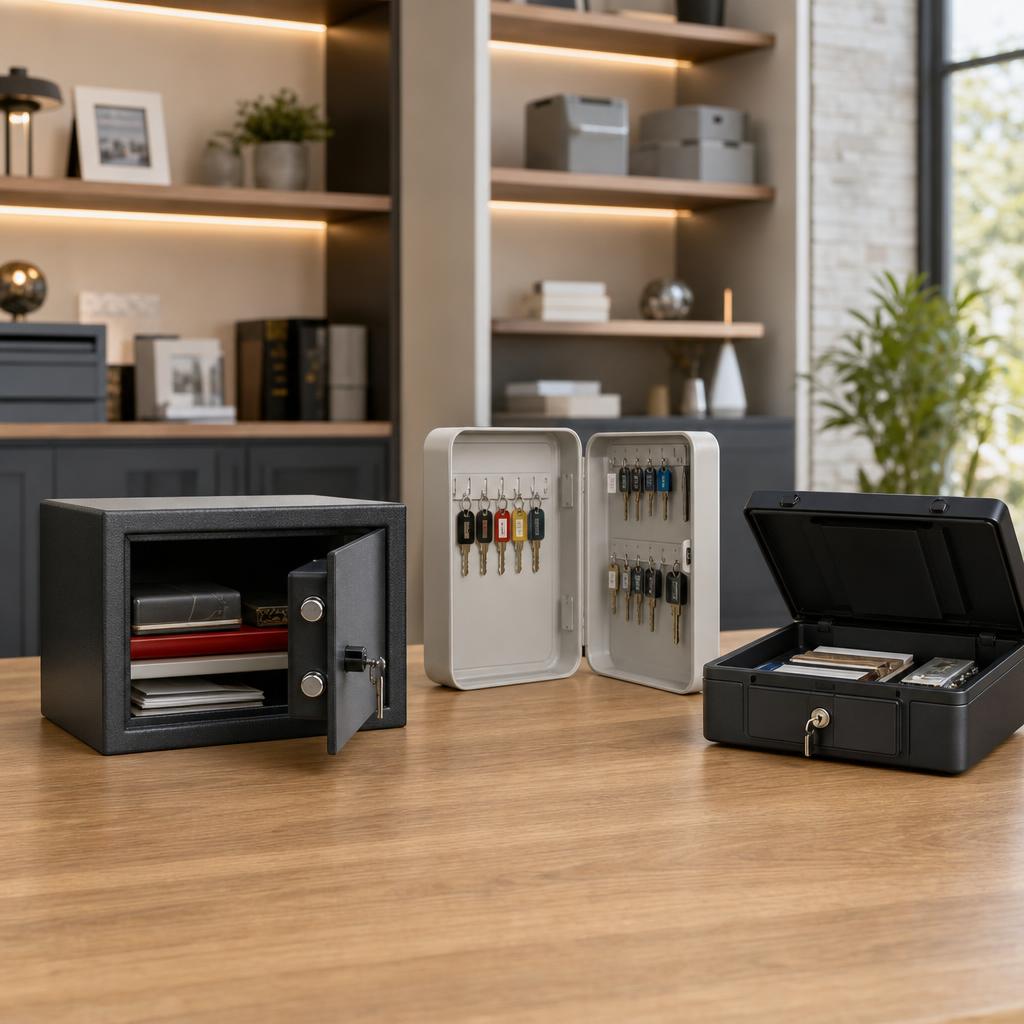 Original editorial image of a document safe, key cabinet and lock box in a clean showroom