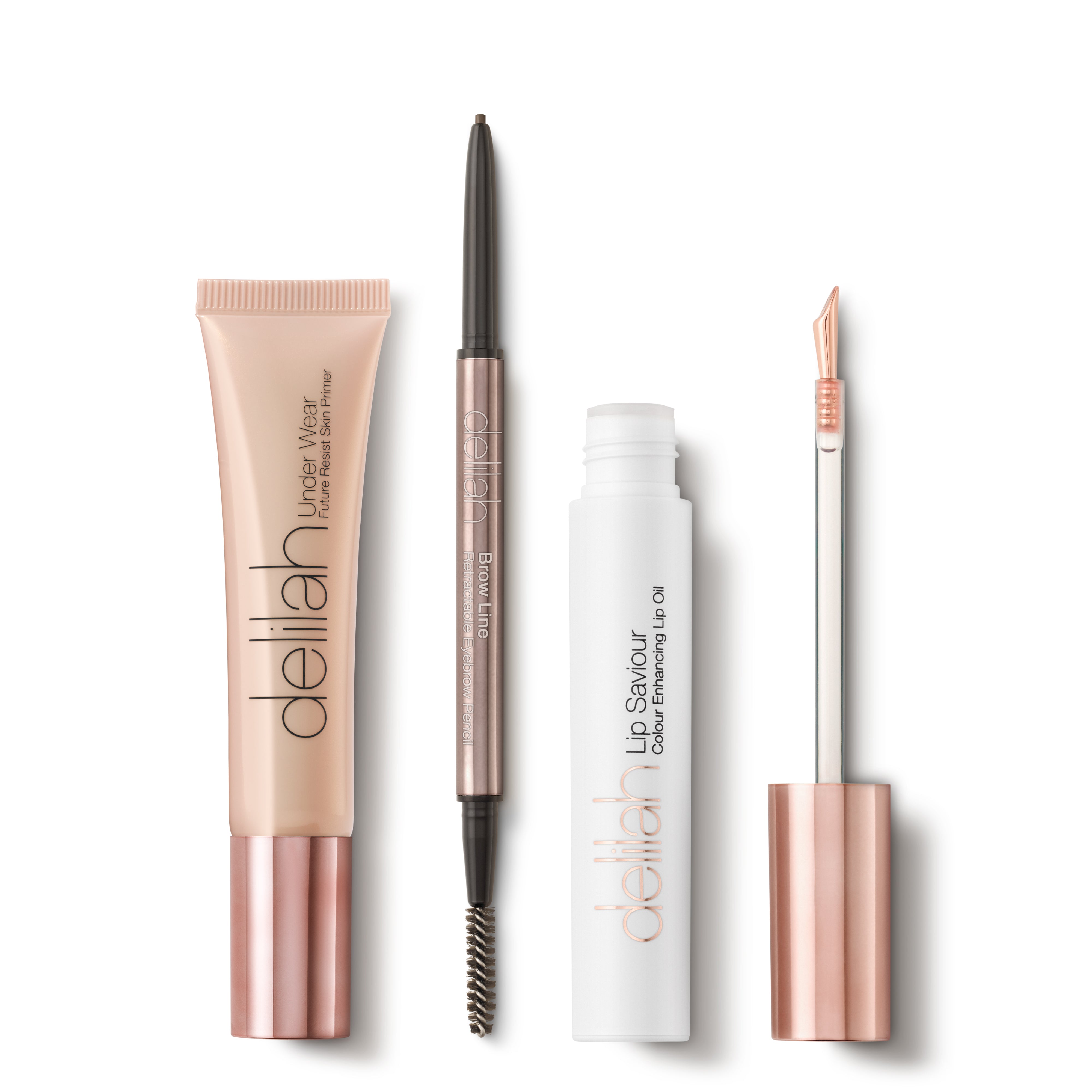 Four Delilah cosmetics products arranged upright on a white background