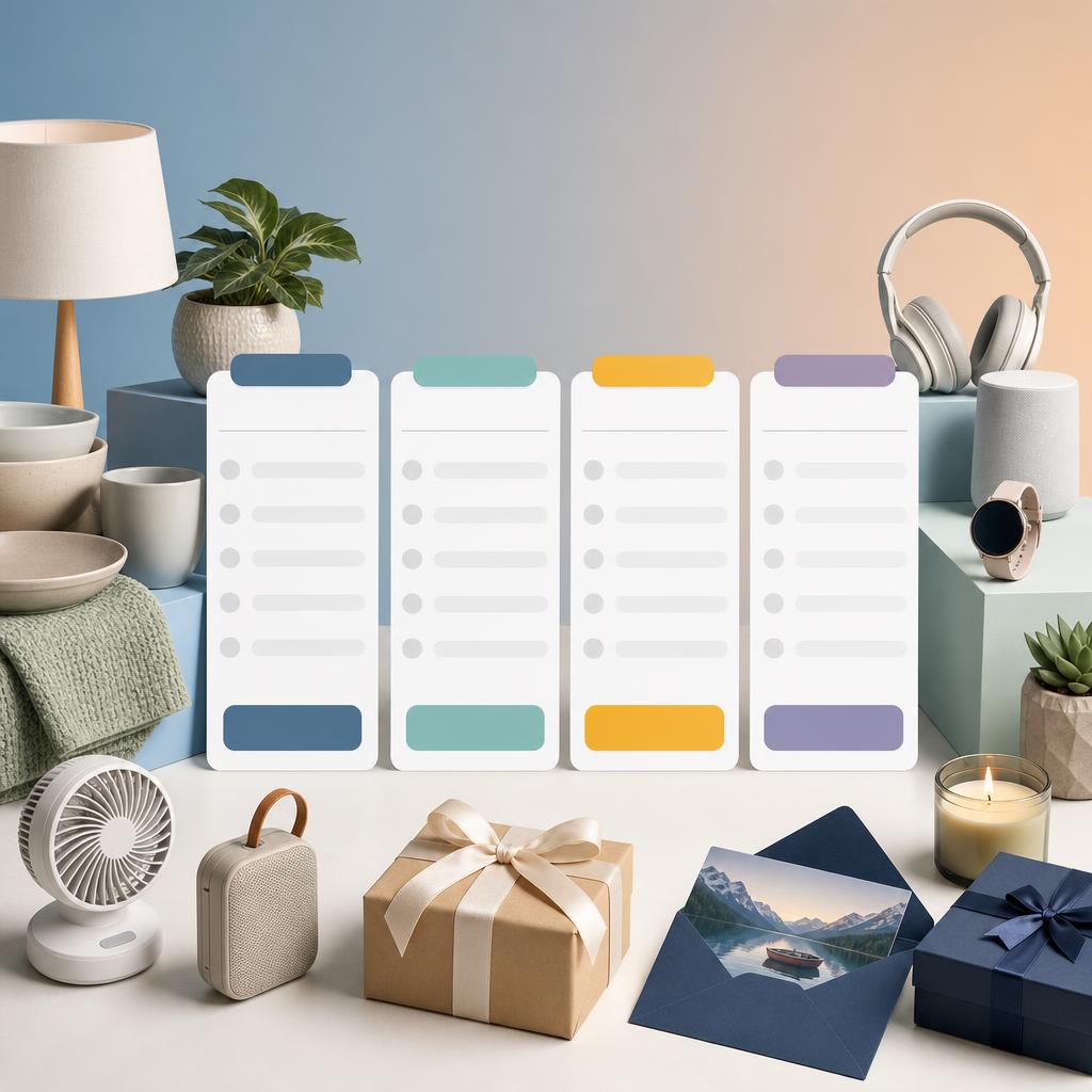 Original online-deals editorial with ordinary goods, gift box and blank comparison cards