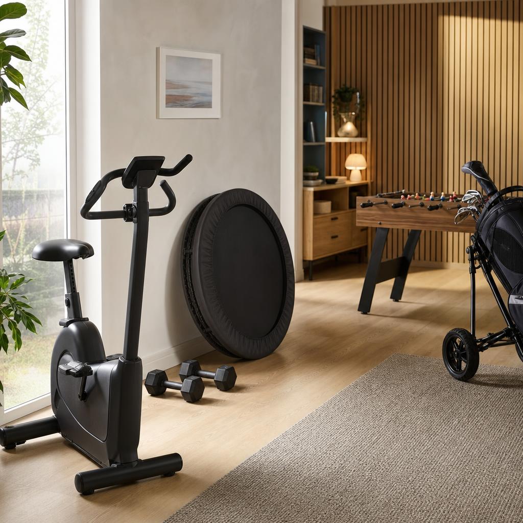 Original home-leisure editorial with exercise bike, dumbbells, games table and golf trolley