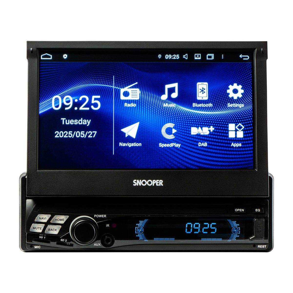 Snooper single-DIN in-car multimedia receiver with its motorised display open
