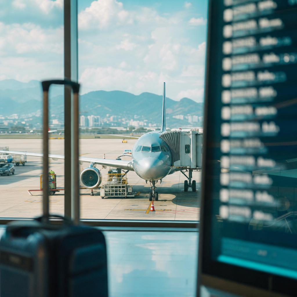 Original editorial airport travel scene with an aircraft and carry-on luggage