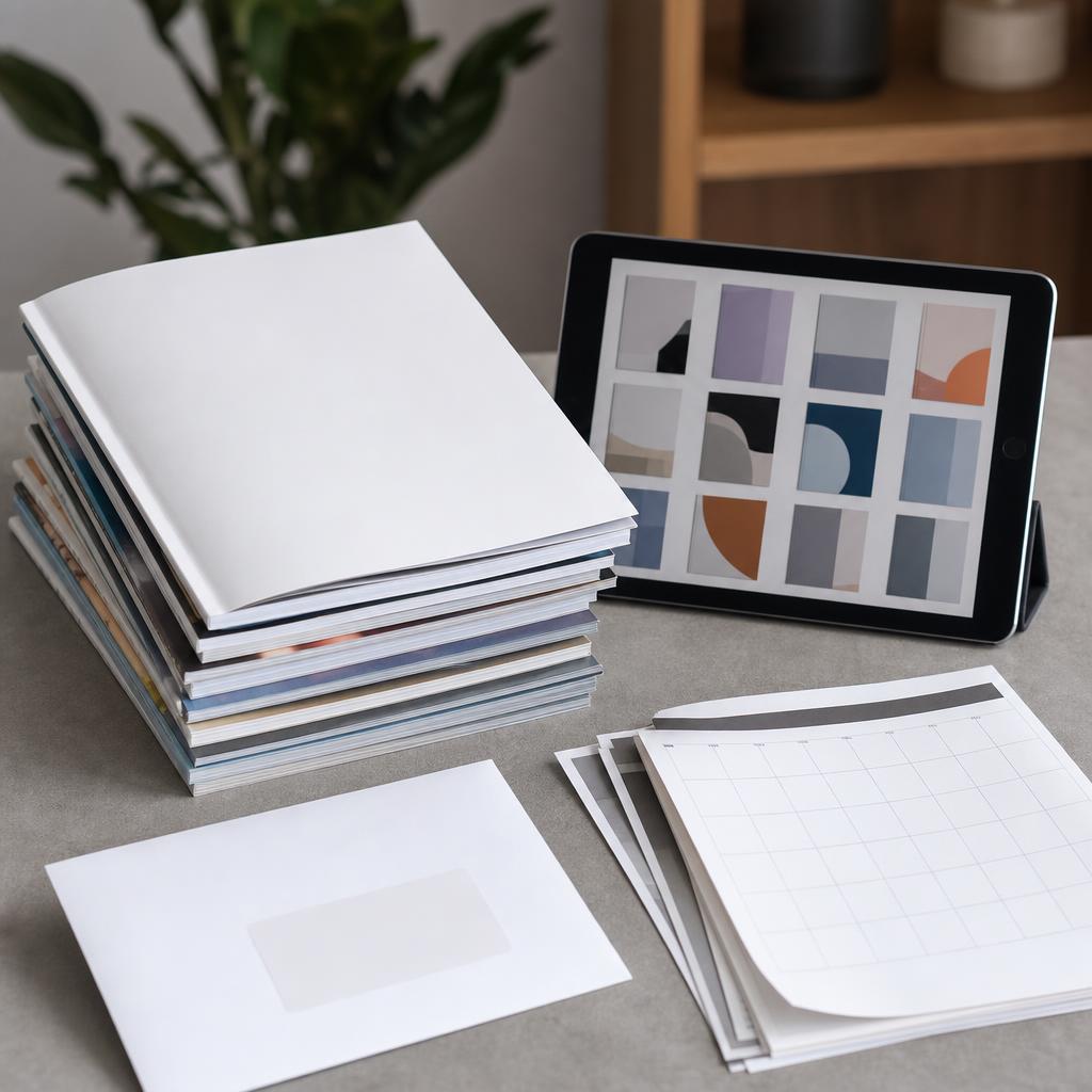 Original magazine-subscription editorial with generic blank magazines, tablet and calendar
