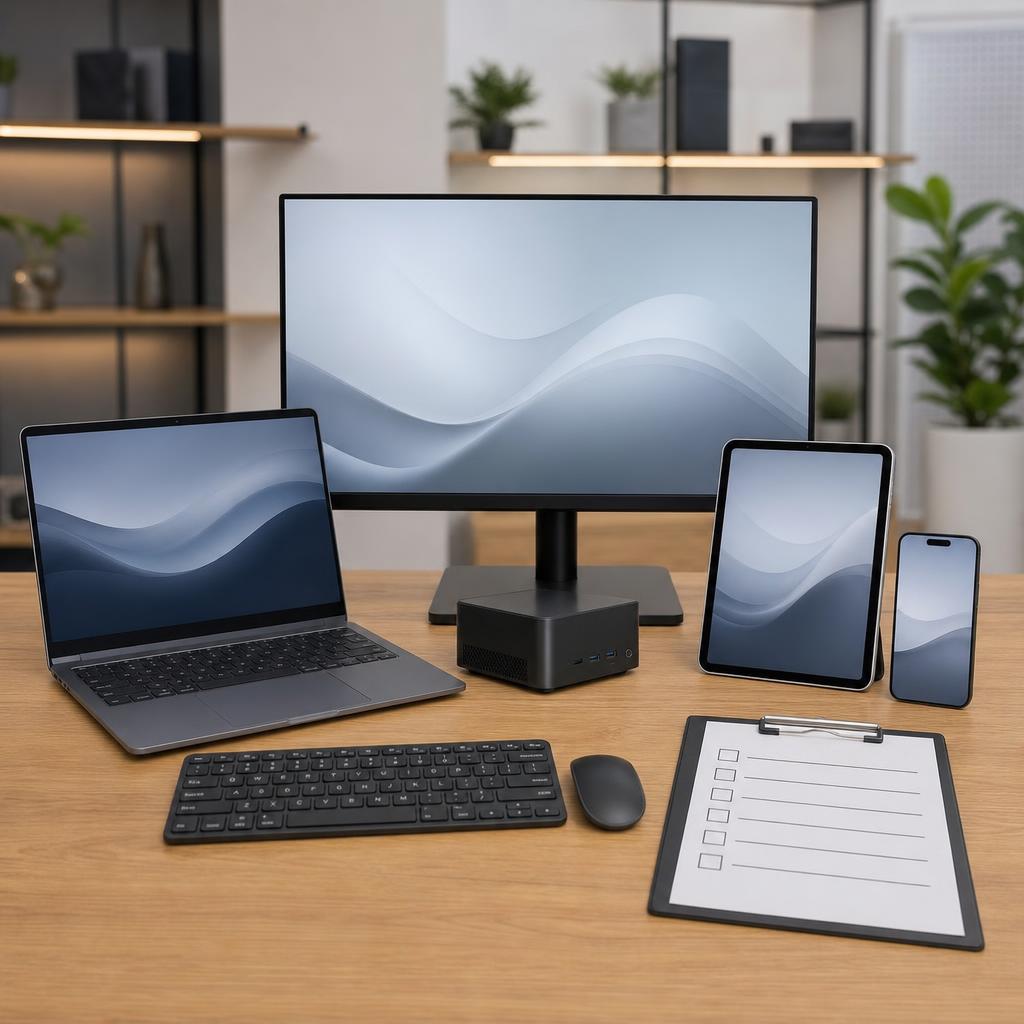 Original computer-retail editorial with laptop, desktop, monitor, tablet, phone and blank grade checklist